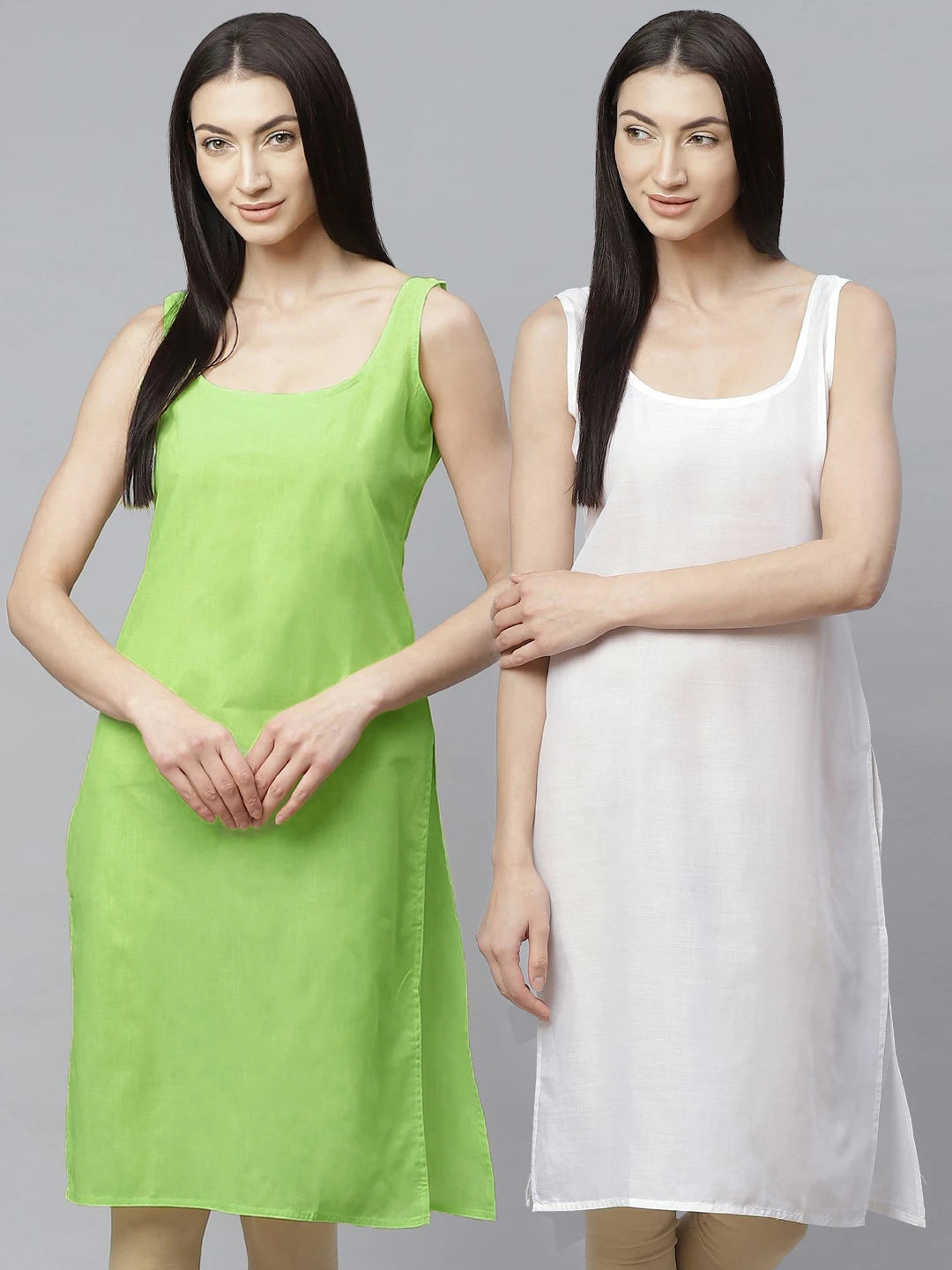 Ada Lime Green and White Cotton Long Slips Combo of 2  A279853.