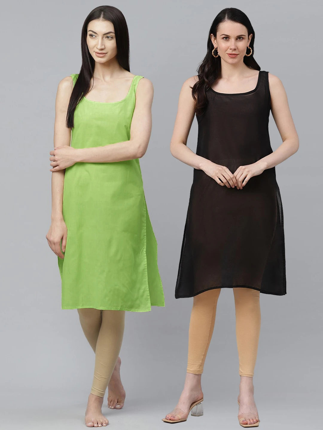 Ada Lime Green and Black Cotton Long Slips Combo of 2  A286113.