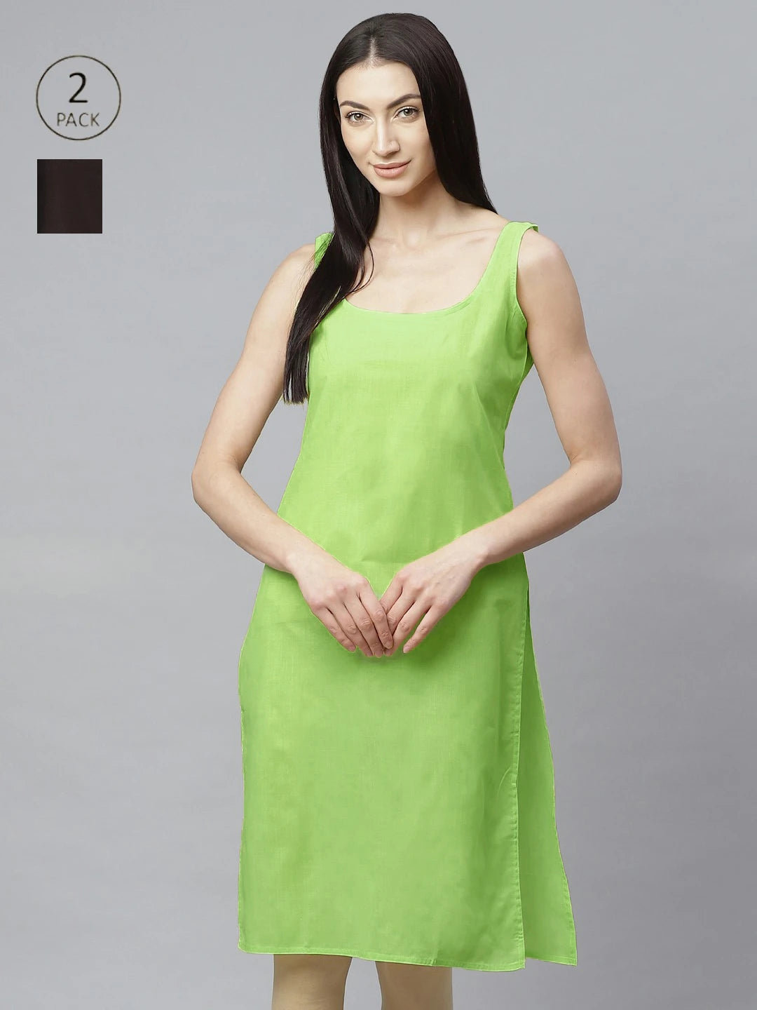 Ada Lime Green and Black Cotton Long Slips Combo of 2  A286113.