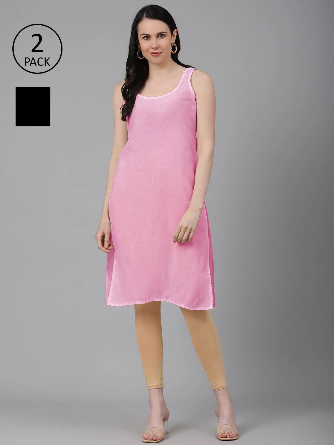 Ada Pink and Black Cotton Long Slips Combo of 2 A286389.