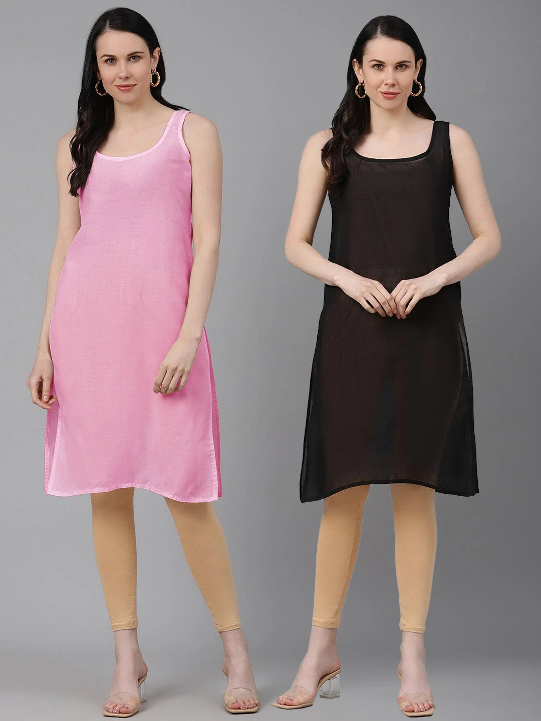 Ada Pink and Black Cotton Long Slips Combo of 2 A286389.