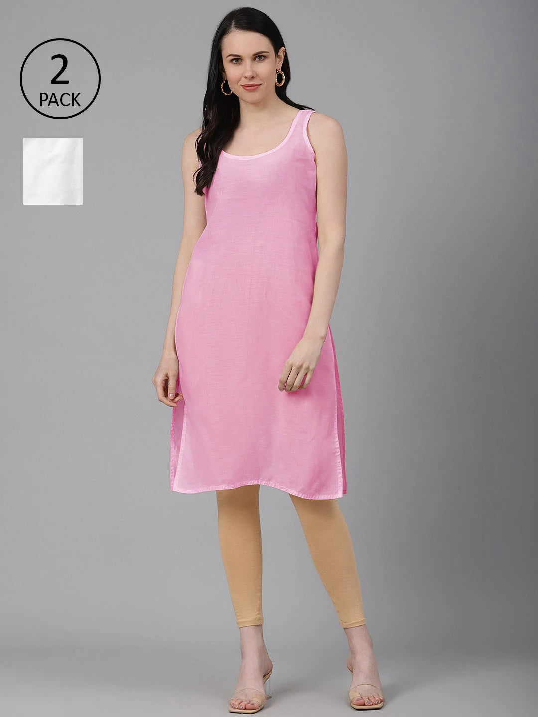 Ada Pink and White Cotton Long Slips Combo of 2  A301648.