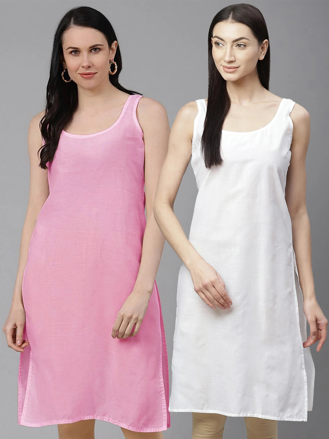 Ada Pink and White Cotton Long Slips Combo of 2  A301648.