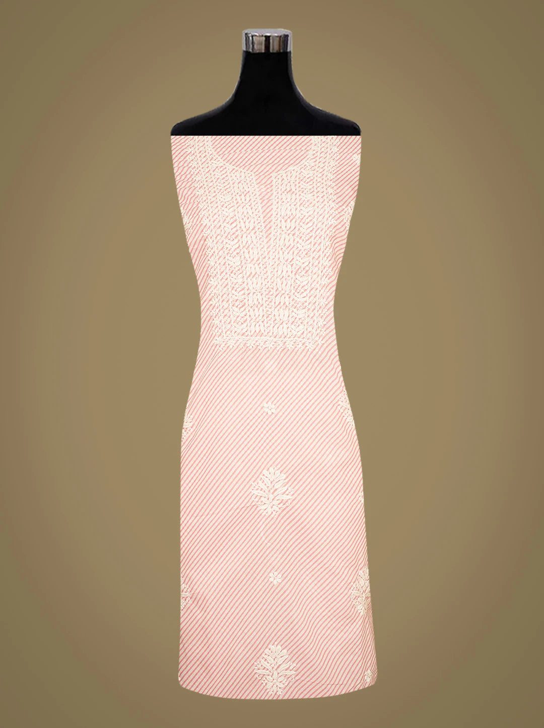 Ada Hand Embroidered Pink and White Lehariya Print Cotton Lucknowi Chikankari Unstitched Kurta Piece 01A799603