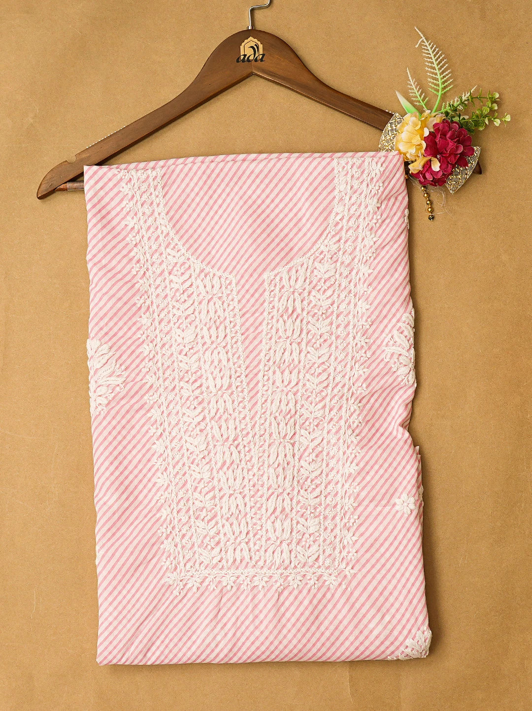 Ada Hand Embroidered Pink and White Lehariya Print Cotton Lucknowi Chikankari Unstitched Kurta Piece 01A799603