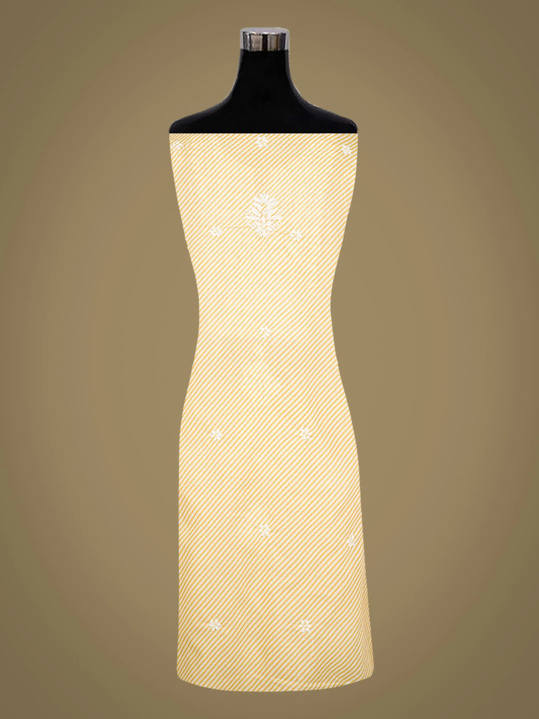 Ada Hand Embroidered Yellow and White Lehariya Print Cotton Lucknowi Chikankari Unstitched Kurta Piece 01A799521