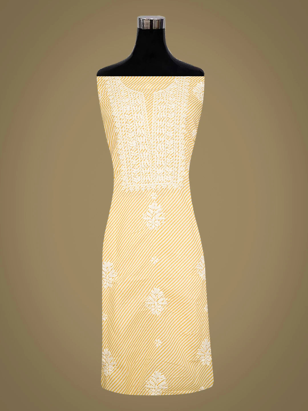 Ada Hand Embroidered Yellow and White Lehariya Print Cotton Lucknowi Chikankari Unstitched Kurta Piece 01A799521
