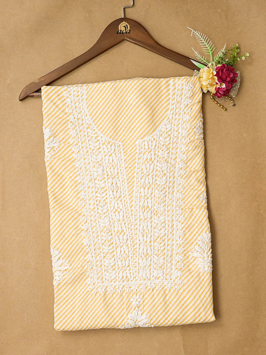 Ada Hand Embroidered Yellow and White Lehariya Print Cotton Lucknowi Chikankari Unstitched Kurta Piece 01A799521