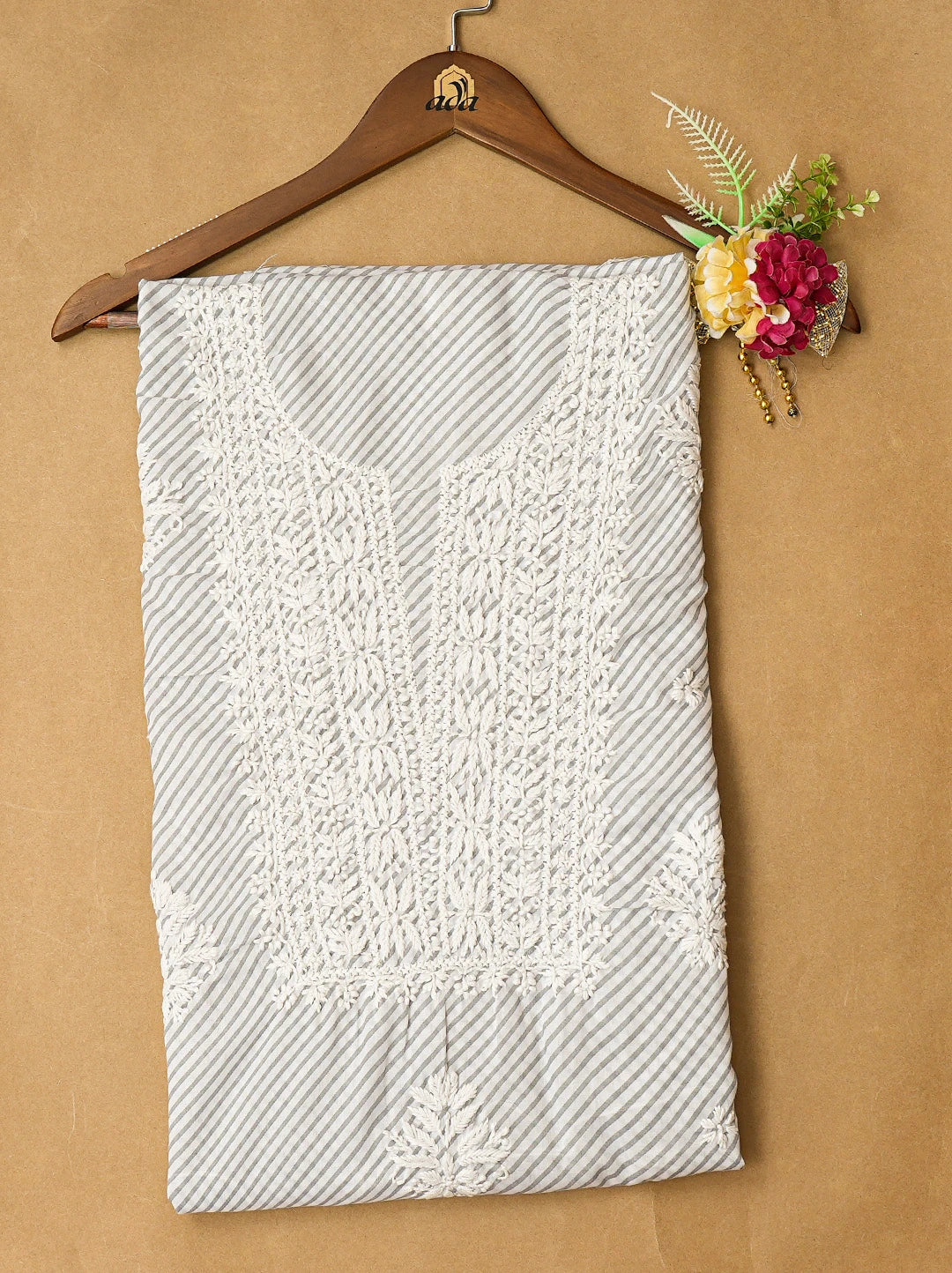 Ada Hand Embroidered Grey and White Lehariya Print Cotton Lucknowi Chikankari Unstitched Kurta Piece 01A799465