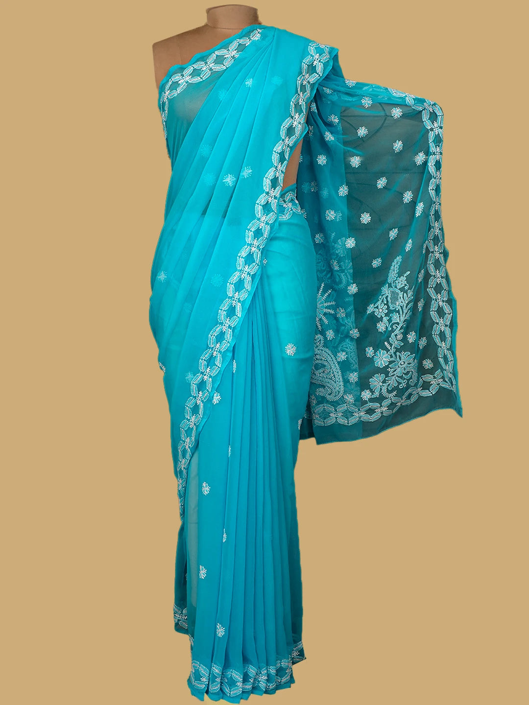 Ada Hand Embroidered Aero Blue Georgette Lucknowi Chikankari Saree and Blouse 01A770177