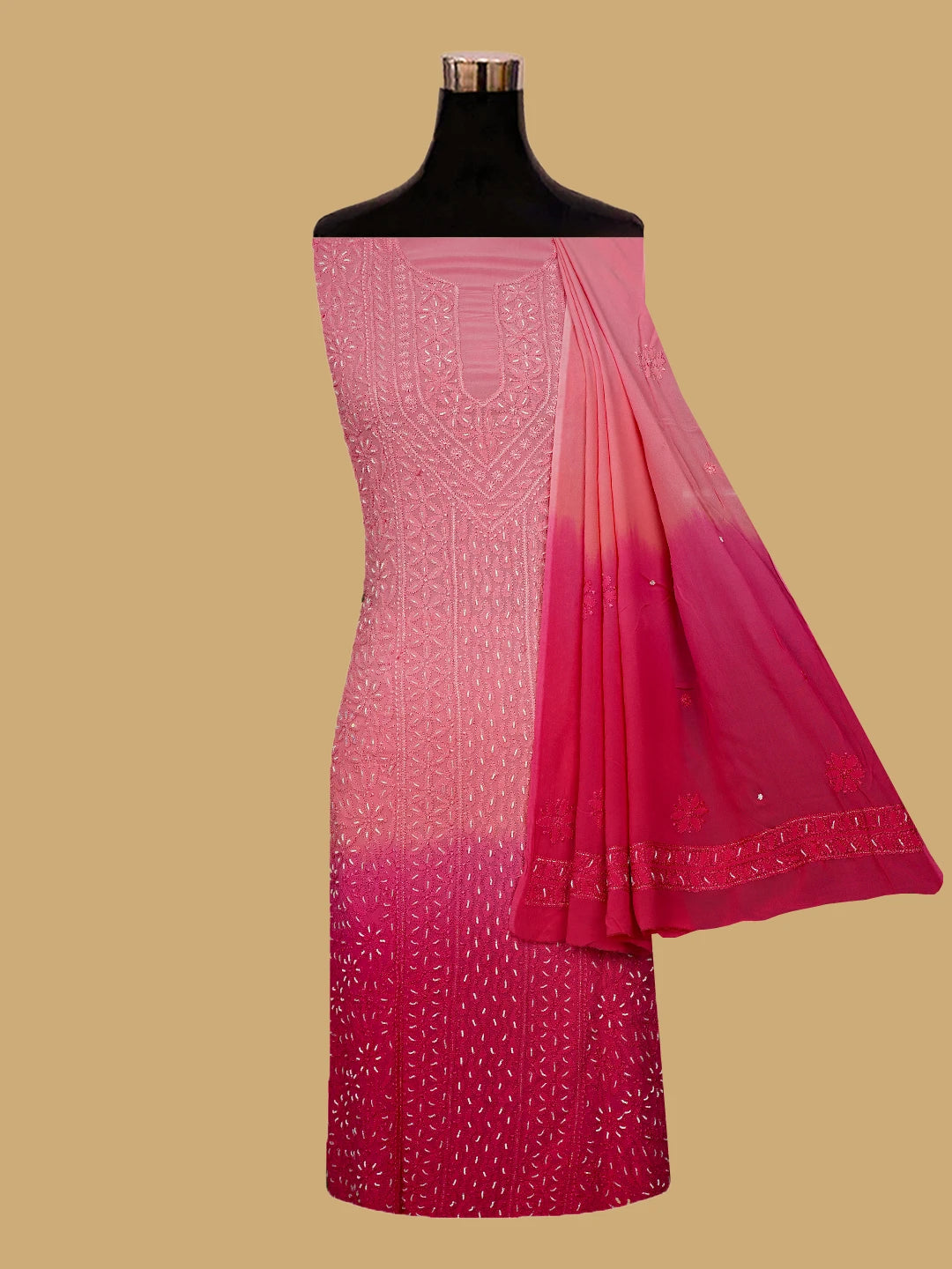 Ada Hand Embroidered Ombre Shade of Pink and Magenta Viscose Georgette Lucknowi Chikankari Unstitched Kurta Dupatta Set With Cutdana Work 01A751154