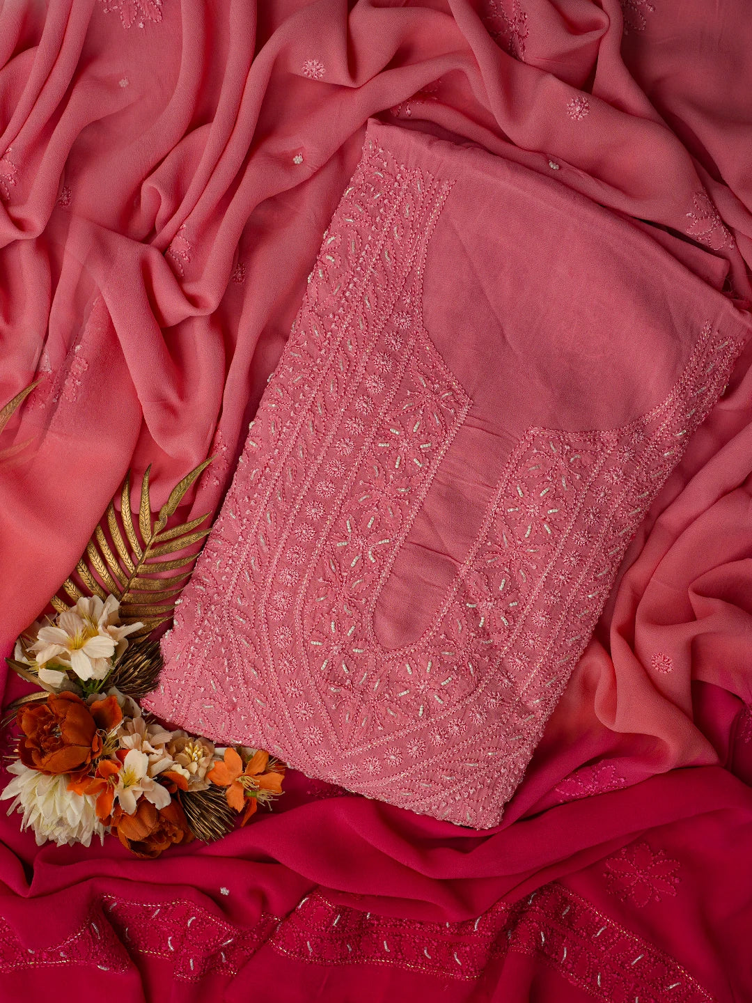 Ada Hand Embroidered Ombre Shade of Pink and Magenta Viscose Georgette Lucknowi Chikankari Unstitched Kurta Dupatta Set With Cutdana Work 01A751154