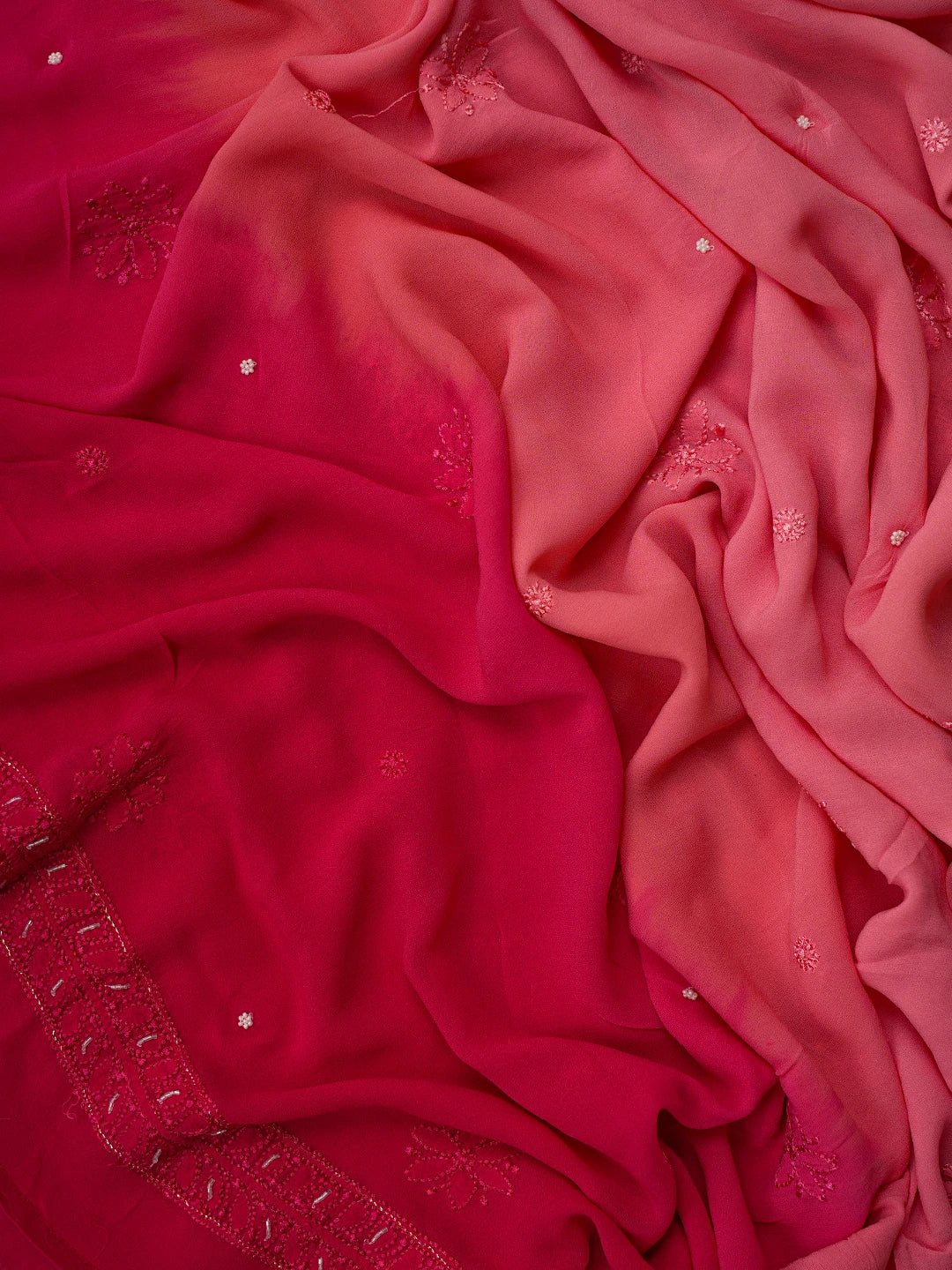 Ada Hand Embroidered Ombre Shade of Pink and Magenta Viscose Georgette Lucknowi Chikankari Unstitched Kurta Dupatta Set With Cutdana Work 01A751154