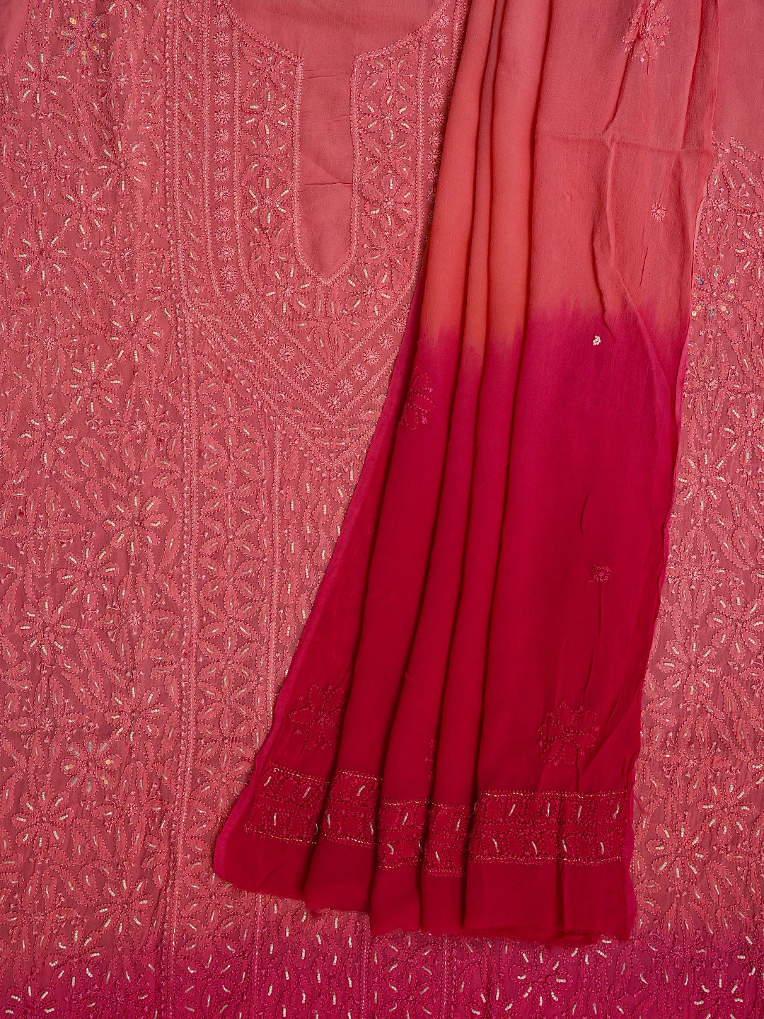 Ada Hand Embroidered Ombre Shade of Pink and Magenta Viscose Georgette Lucknowi Chikankari Unstitched Kurta Dupatta Set With Cutdana Work 01A751154