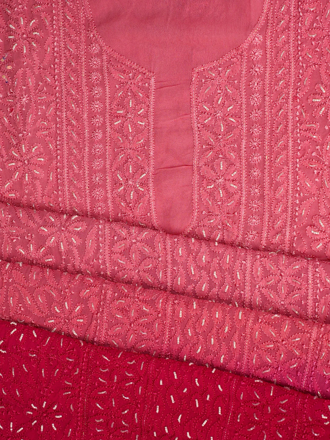 Ada Hand Embroidered Ombre Shade of Pink and Magenta Viscose Georgette Lucknowi Chikankari Unstitched Kurta Dupatta Set With Cutdana Work 01A751154