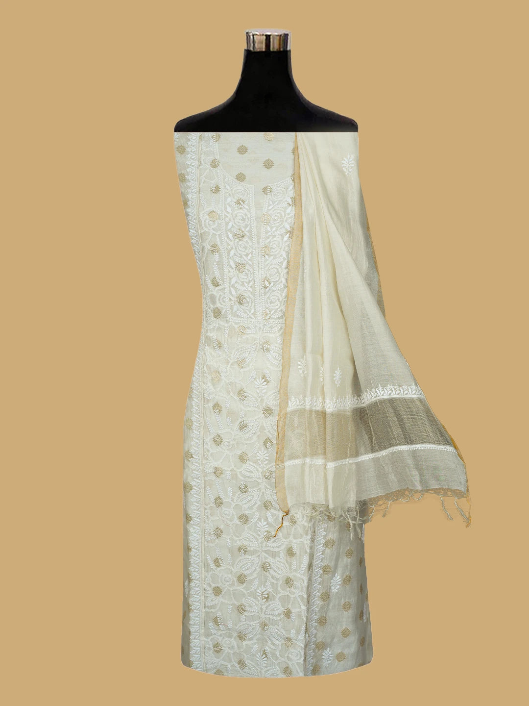 Ada Hand Embroidered White Chanderi Lucknowi Chikankari Semi-stitched Kurta Dupatta Set With Zari Work 01A789353