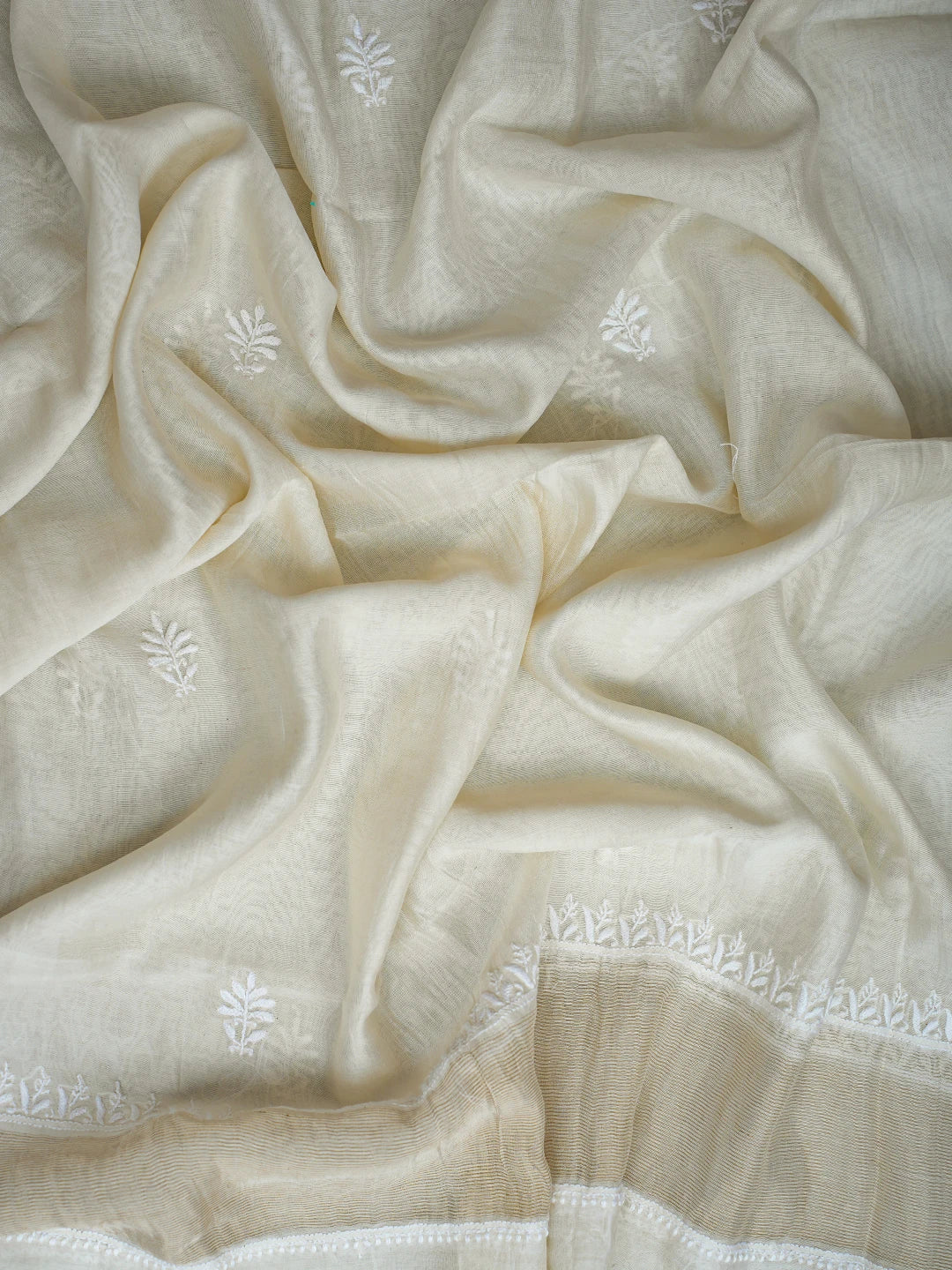 Ada Hand Embroidered White Chanderi Lucknowi Chikankari Semi-stitched Kurta Dupatta Set With Zari Work 01A789353