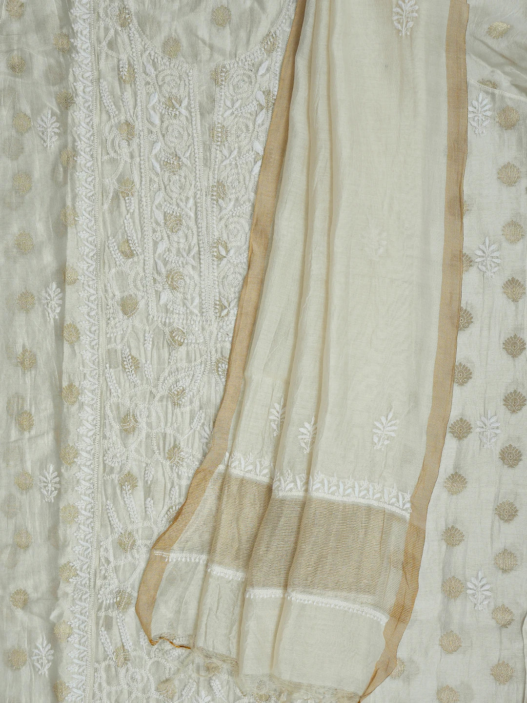 Ada Hand Embroidered White Chanderi Lucknowi Chikankari Semi-stitched Kurta Dupatta Set With Zari Work 01A789353