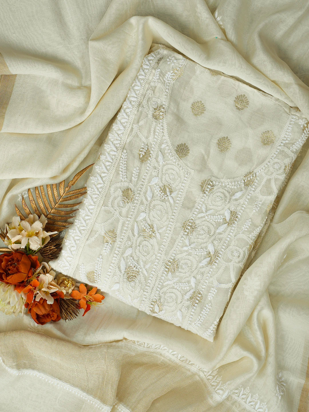Ada Hand Embroidered White Chanderi Lucknowi Chikankari Semi-stitched Kurta Dupatta Set With Zari Work 01A789353