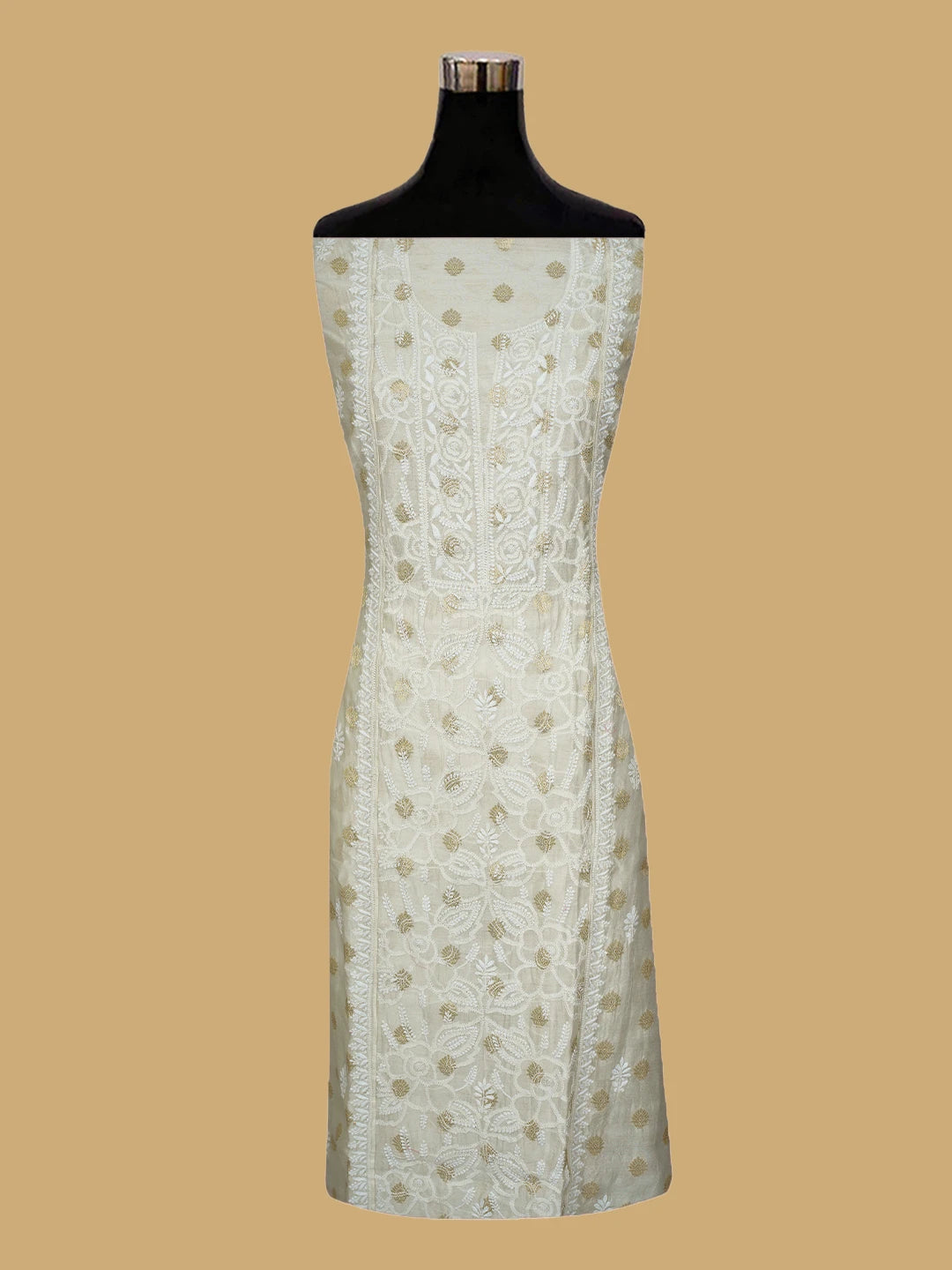 Ada Hand Embroidered White Chanderi Lucknowi Chikankari Semi-stitched Kurta Dupatta Set With Zari Work 01A789353