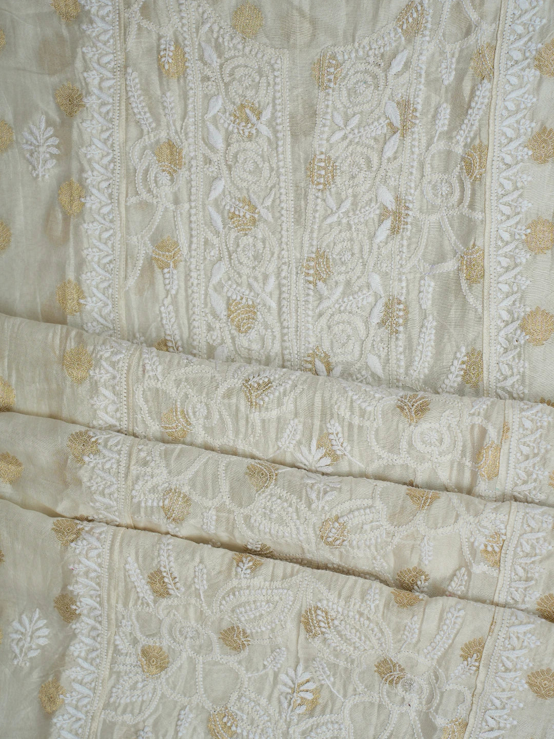 Ada Hand Embroidered White Chanderi Lucknowi Chikankari Semi-stitched Kurta Dupatta Set With Zari Work 01A789353