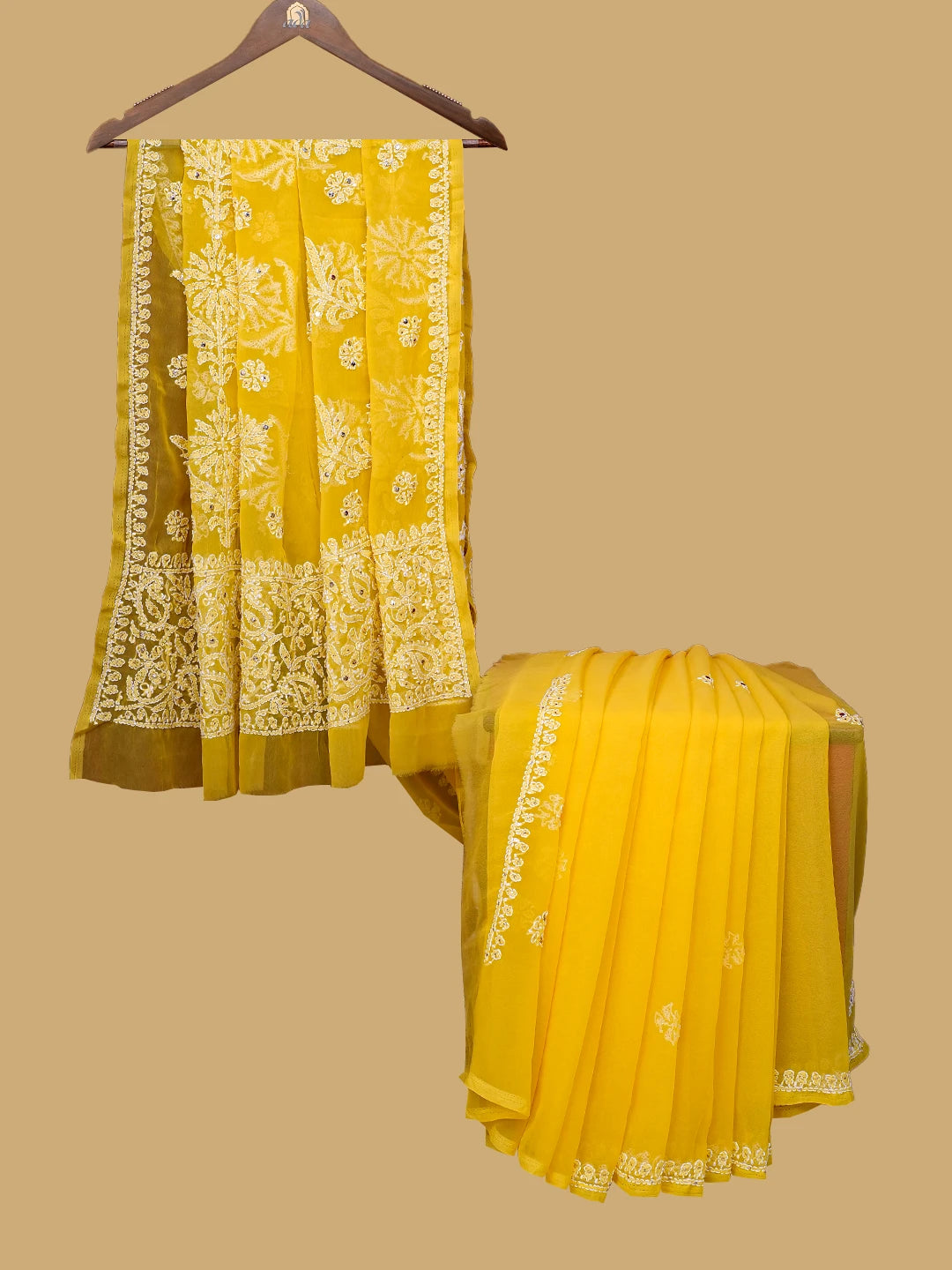 Ada Hand Embroidered Yellow Georgette Lucknowi Chikankari Saree and Blouse With Muqaish Work 01A733845