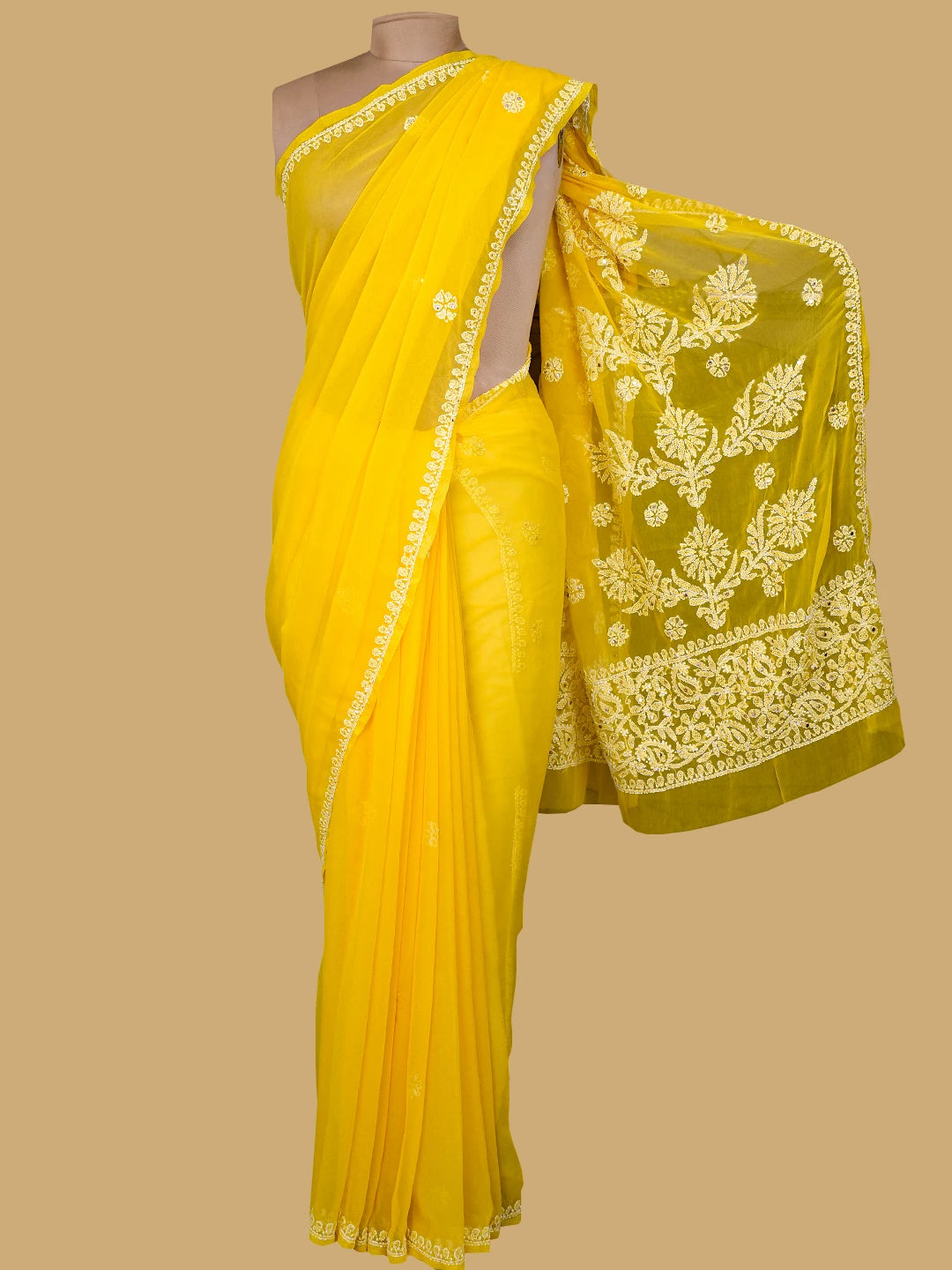 Ada Hand Embroidered Yellow Georgette Lucknowi Chikankari Saree and Blouse With Muqaish Work 01A733845