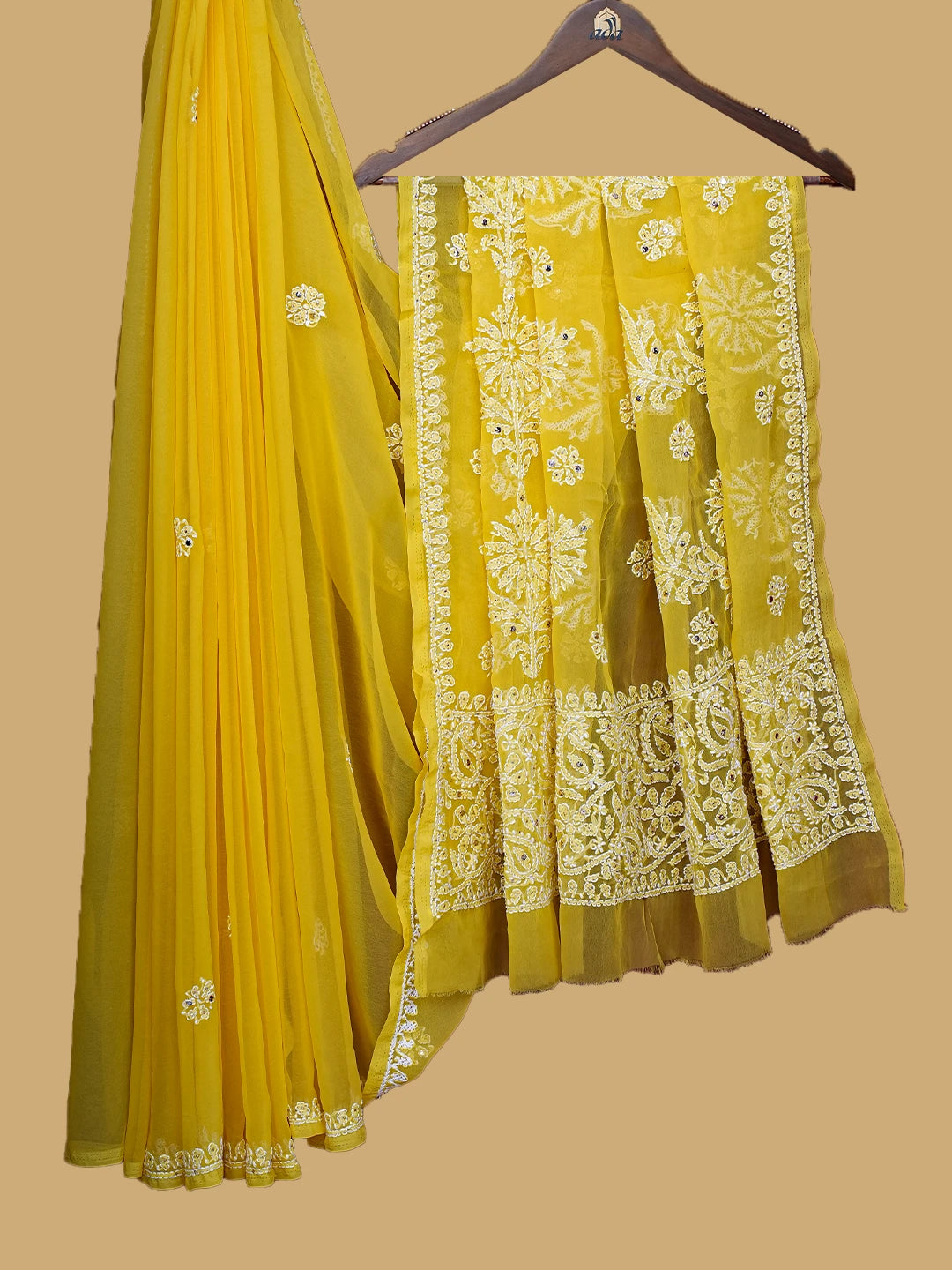 Ada Hand Embroidered Yellow Georgette Lucknowi Chikankari Saree and Blouse With Muqaish Work 01A733845