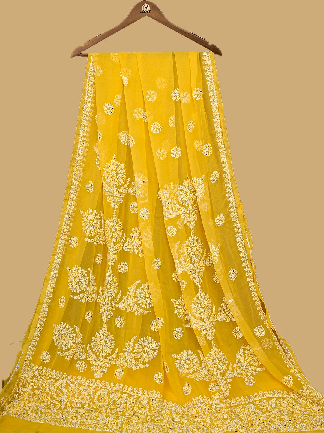 Ada Hand Embroidered Yellow Georgette Lucknowi Chikankari Saree and Blouse With Muqaish Work 01A733845