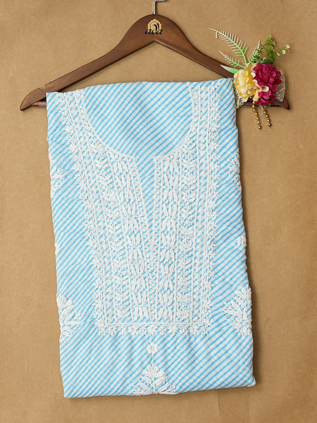 Ada Hand Embroidered Blue and White Lehariya Print Cotton Lucknowi Chikankari Unstitched Kurta Piece 01A799536