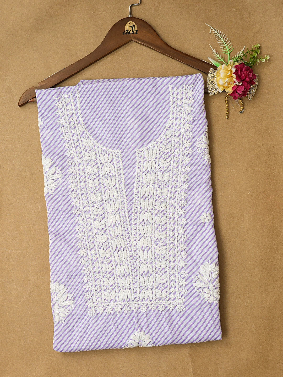 Ada Hand Embroidered Mauve and White Lehariya Print Cotton Lucknowi Chikankari Unstitched Kurta Piece 01A799471