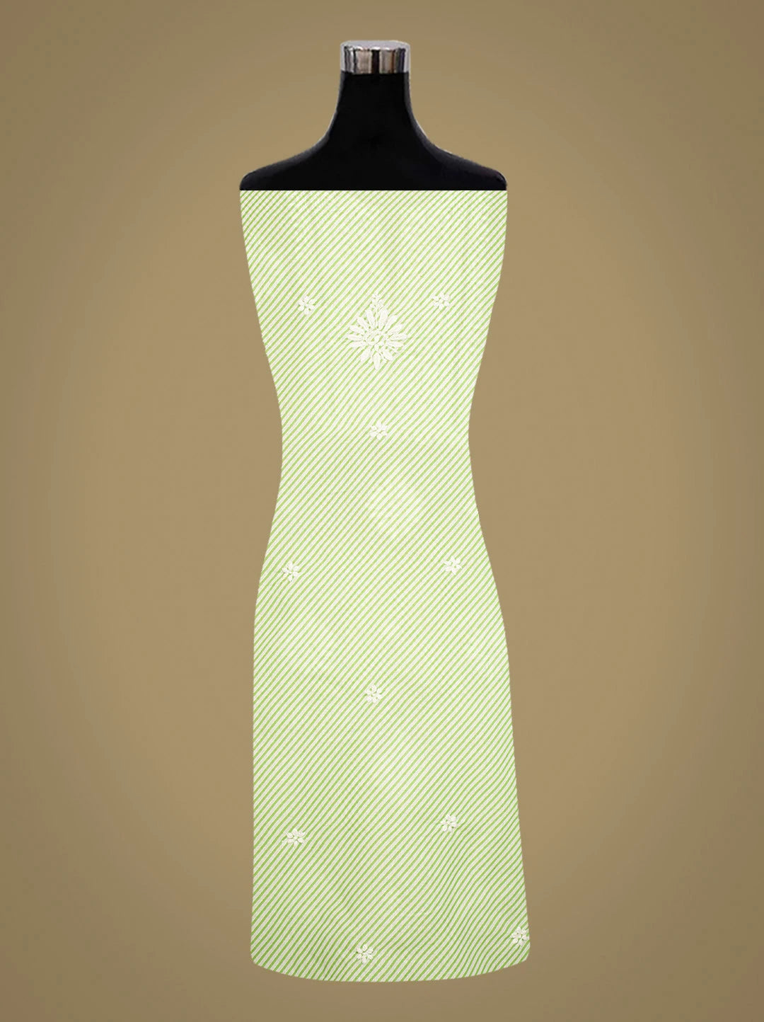 Ada Hand Embroidered Green and White Lehariya Print Cotton Lucknowi Chikankari Unstitched Kurta Piece 01A799491