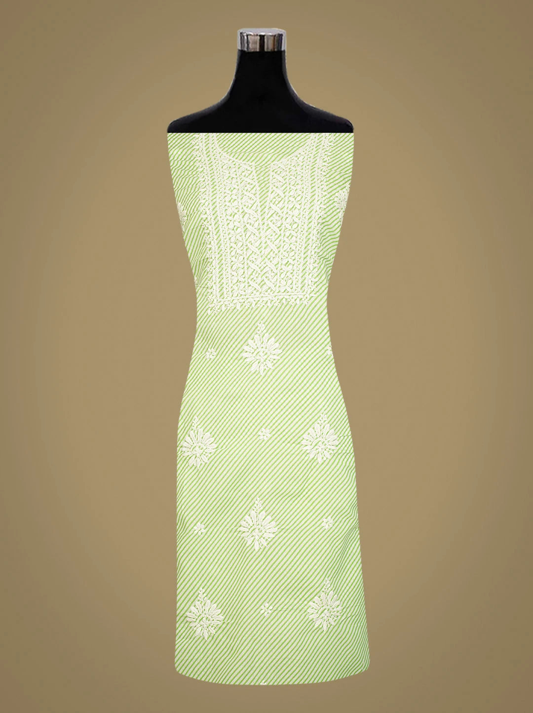 Ada Hand Embroidered Green and White Lehariya Print Cotton Lucknowi Chikankari Unstitched Kurta Piece 01A799491