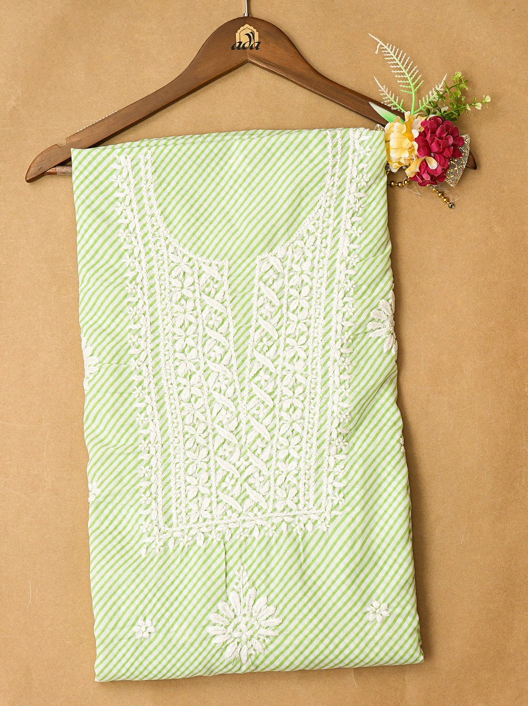 Ada Hand Embroidered Green and White Lehariya Print Cotton Lucknowi Chikankari Unstitched Kurta Piece 01A799491