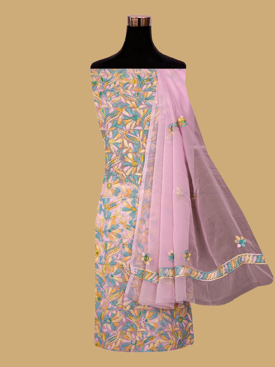 Ada Hand Embroidered Pink Georgette Lucknowi Chikankari Unstitched Suit Piece 01A779890