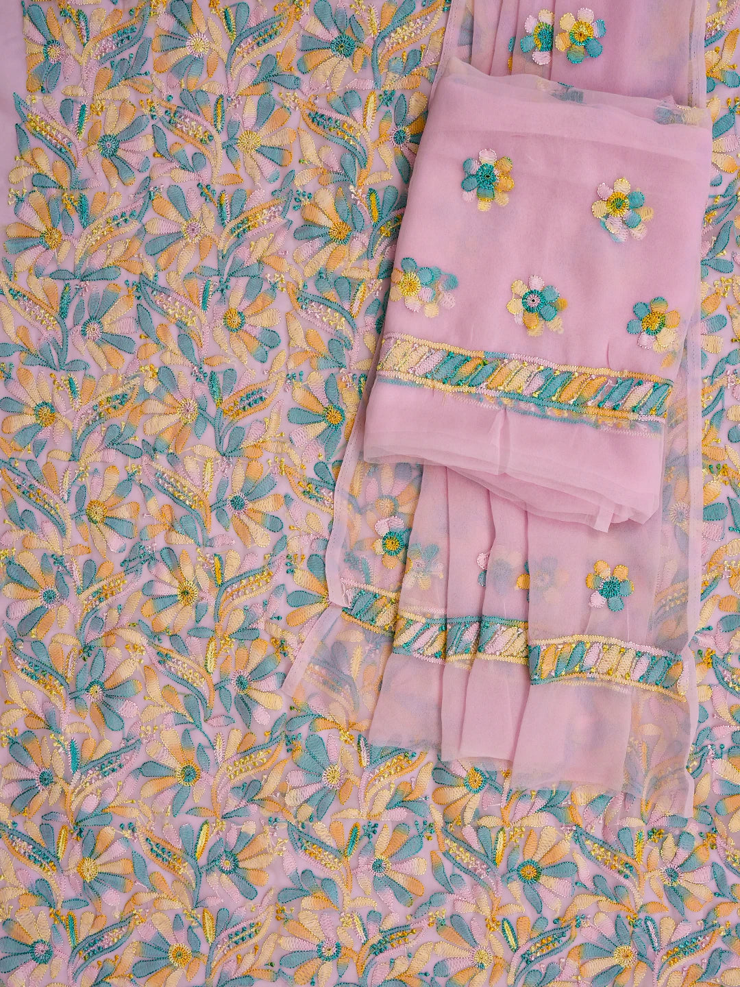 Ada Hand Embroidered Pink Georgette Lucknowi Chikankari Unstitched Suit Piece 01A779890