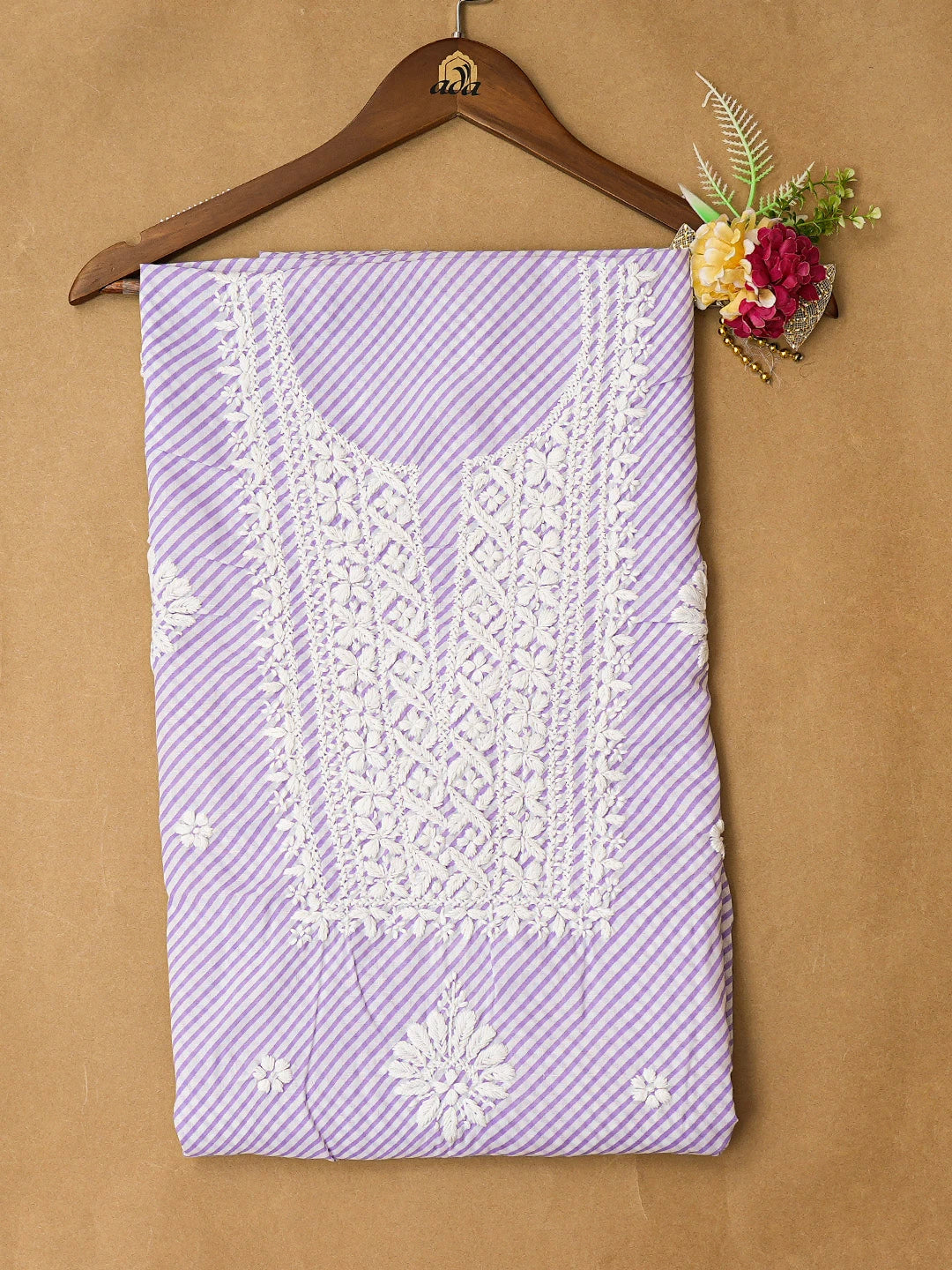 Ada Hand Embroidered Mauve and White Lehariya Print Cotton Lucknowi Chikankari Unstitched Kurta Piece 01A799482