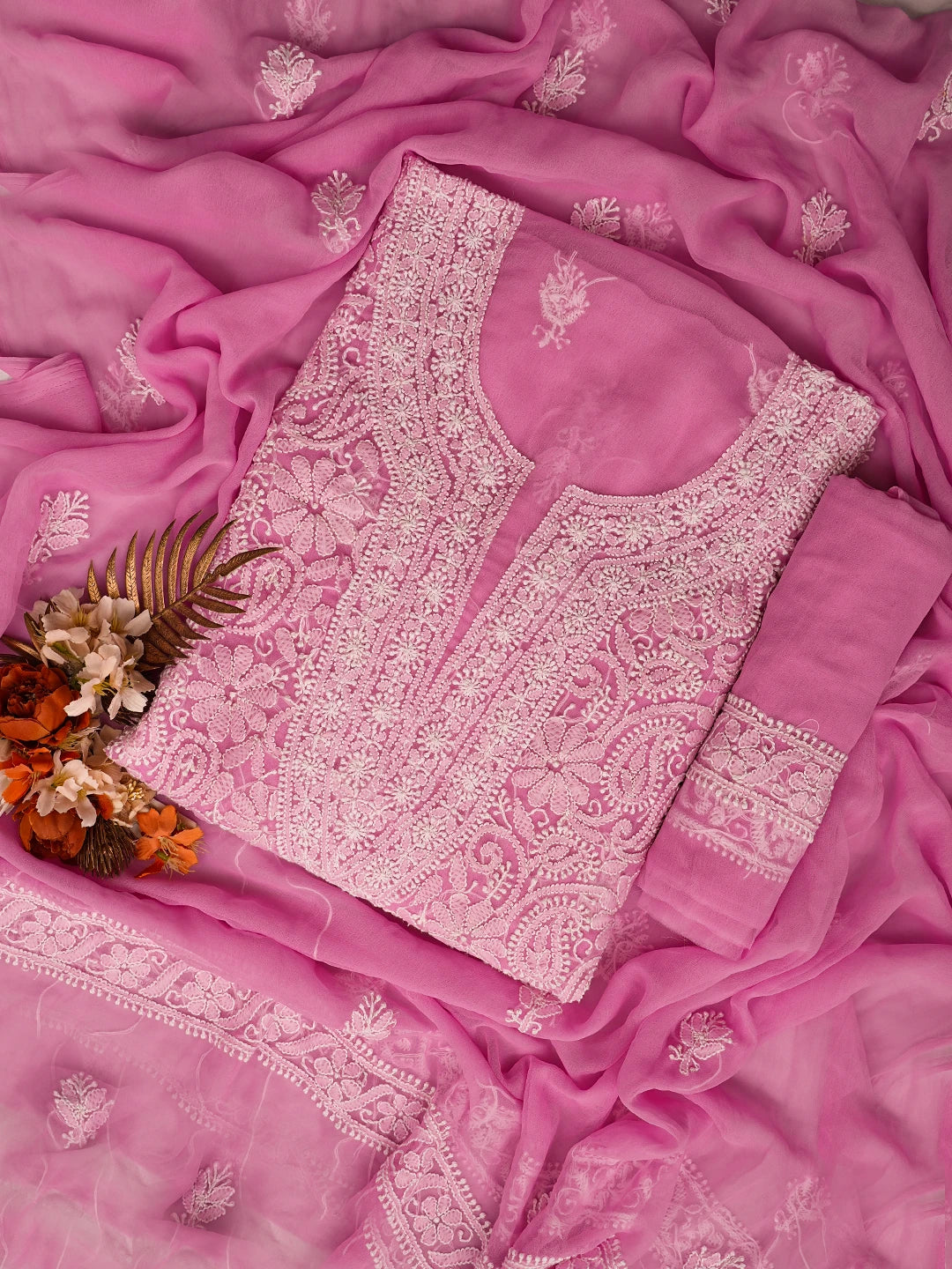 Ada Hand Embroidered Pink Georgette Lucknowi Chikankari Unstitched Suit Piece 01A779035