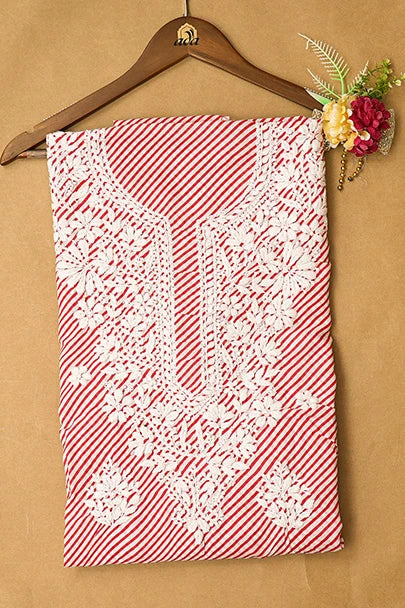 Ada Hand Embroidered Red and White Lehariya Print Cotton Lucknowi Chikankari Unstitched Kurta Piece 01A799361