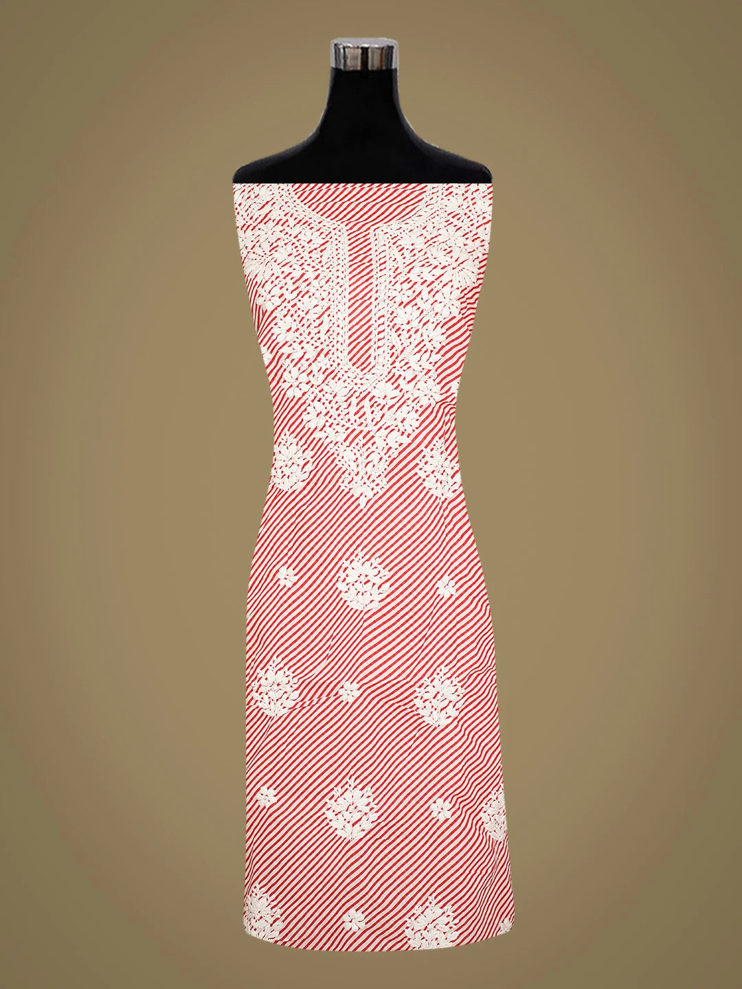 Ada Hand Embroidered Red and White Lehariya Print Cotton Lucknowi Chikankari Unstitched Kurta Piece 01A799361