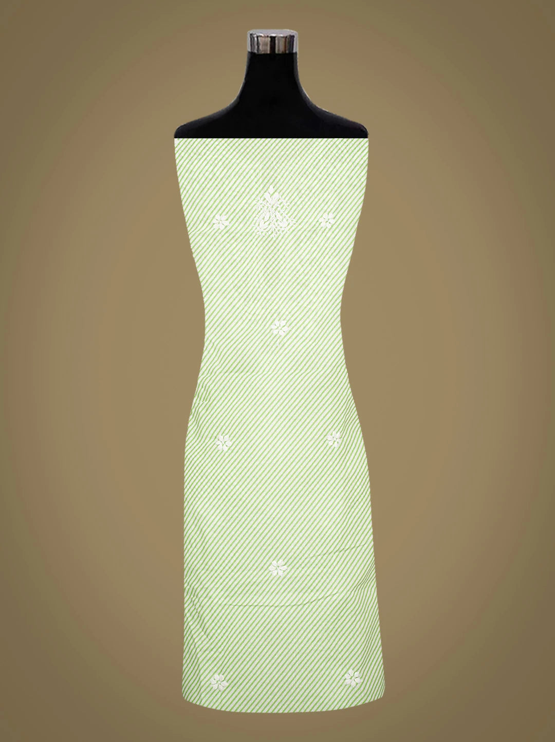 Ada Hand Embroidered Green and White Lehariya Print Cotton Lucknowi Chikankari Unstitched Kurta Piece 01A799485