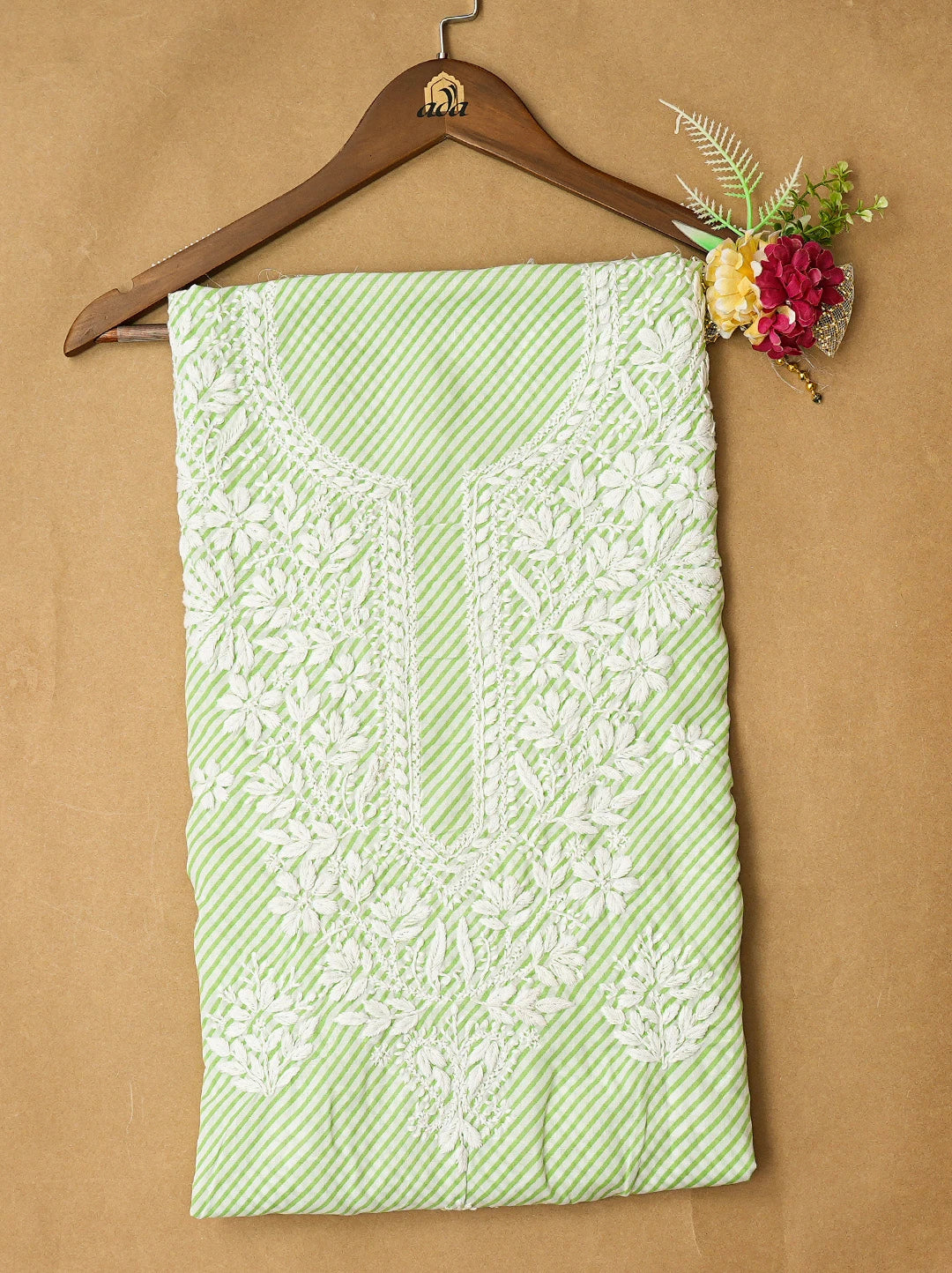 Ada Hand Embroidered Green and White Lehariya Print Cotton Lucknowi Chikankari Unstitched Kurta Piece 01A799485