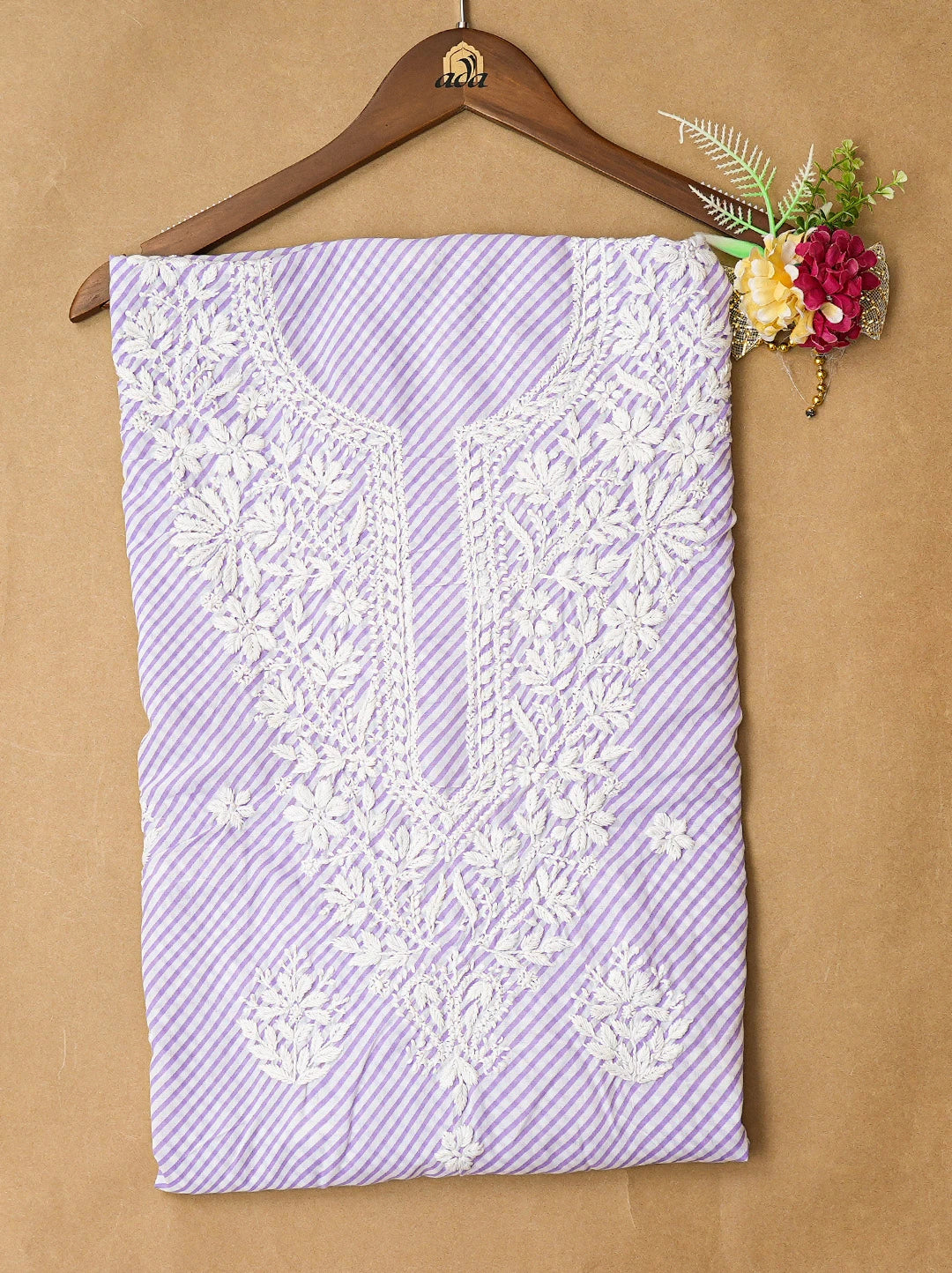 Ada Hand Embroidered Mauve and White Lehariya Print Cotton Lucknowi Chikankari Unstitched Kurta Piece 01A799479