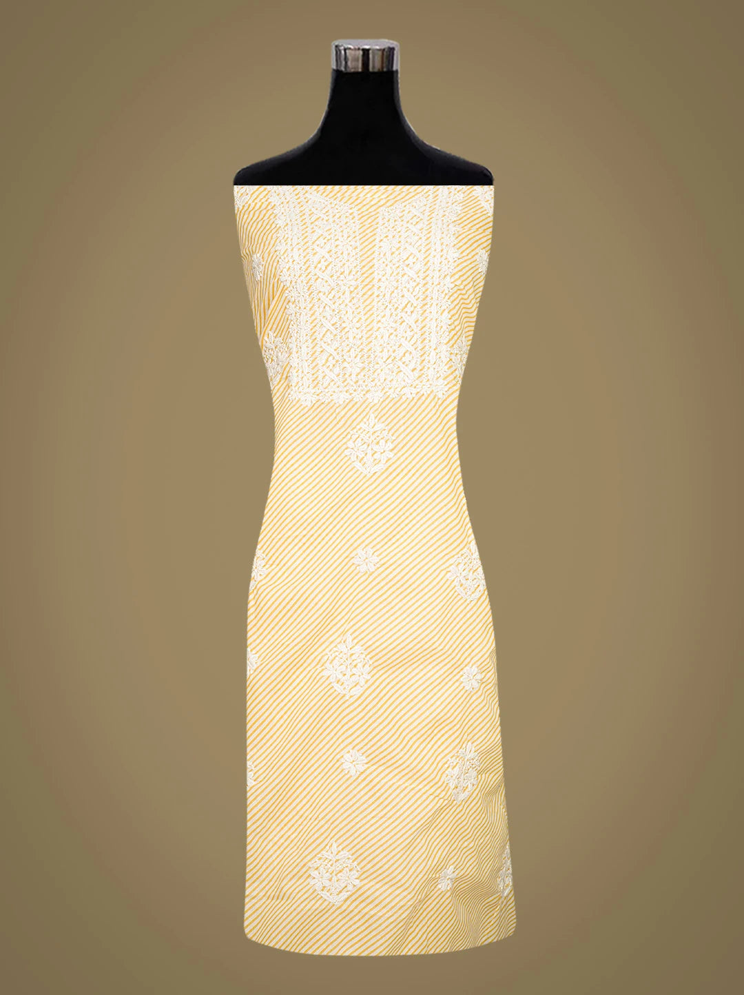 Ada Hand Embroidered Yellow and White Lehariya Print Cotton Lucknowi Chikankari Unstitched Kurta Piece 01A799520