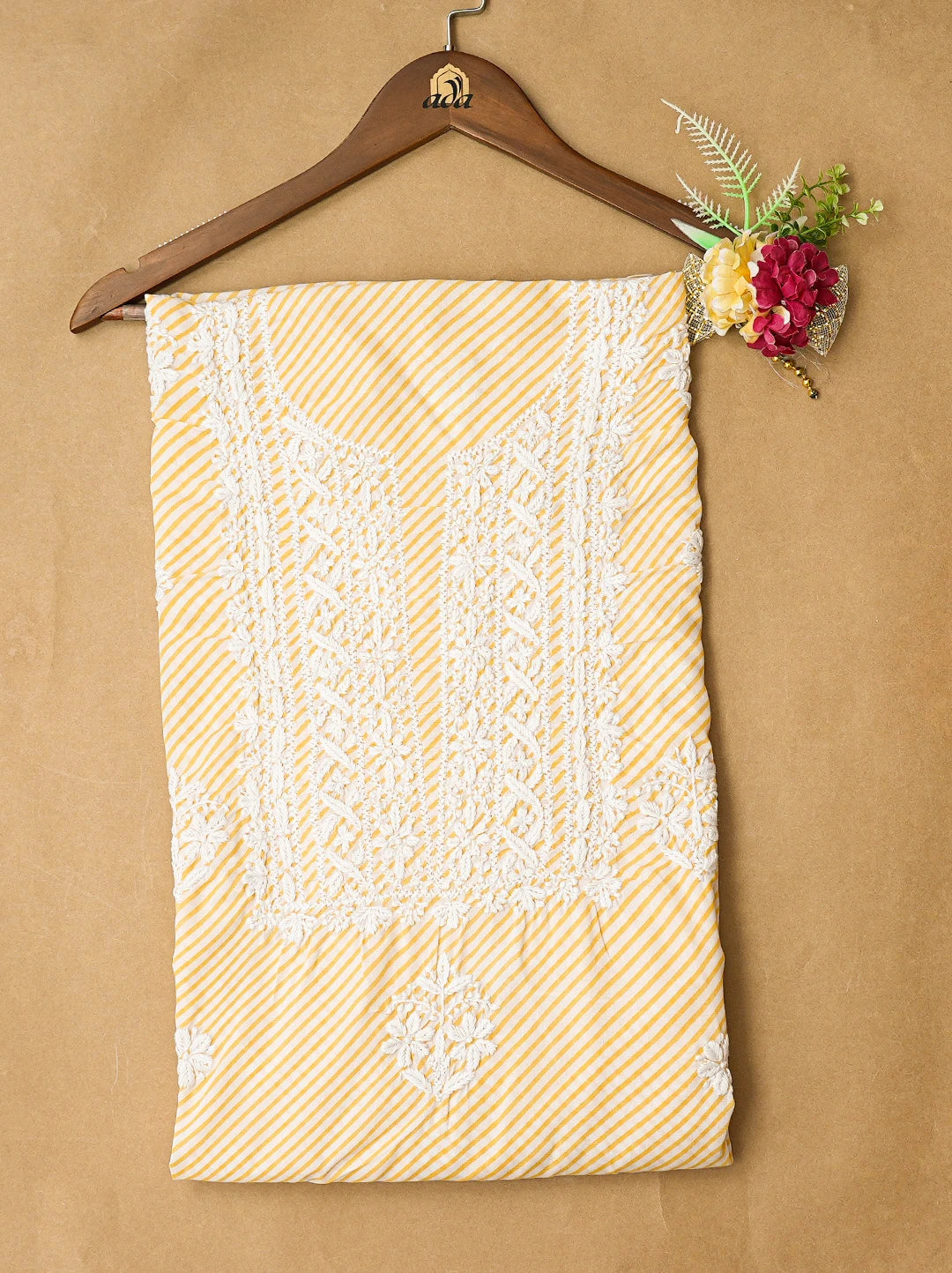 Ada Hand Embroidered Yellow and White Lehariya Print Cotton Lucknowi Chikankari Unstitched Kurta Piece 01A799520