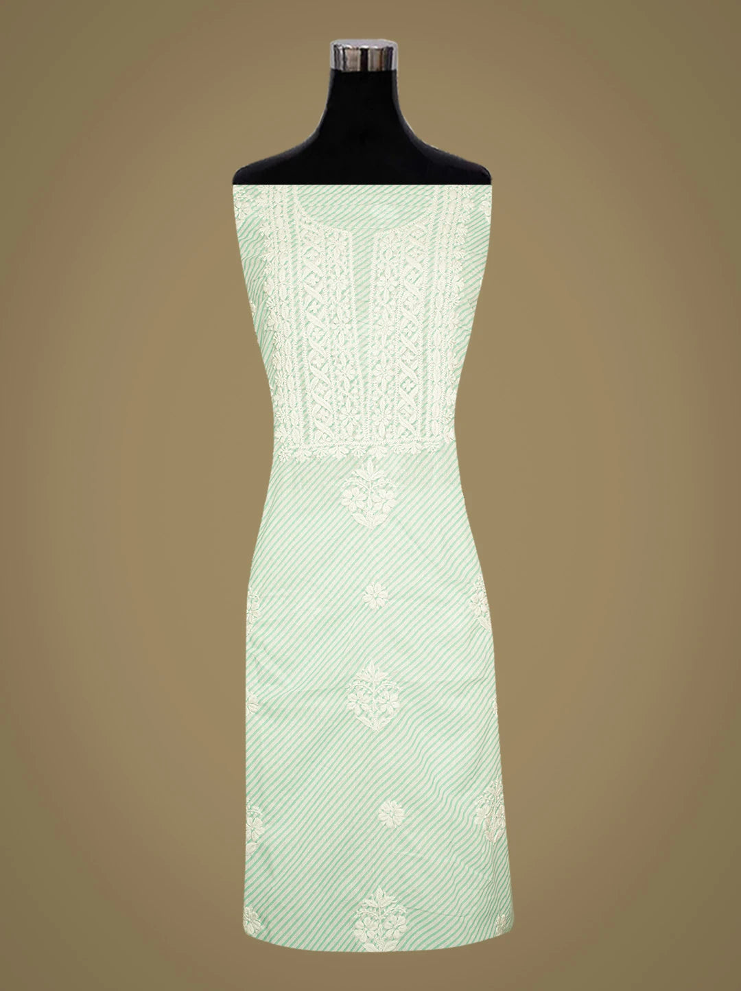 Ada Hand Embroidered Sea Green and White Lehariya Print Cotton Lucknowi Chikankari Unstitched Kurta Piece 01A799583