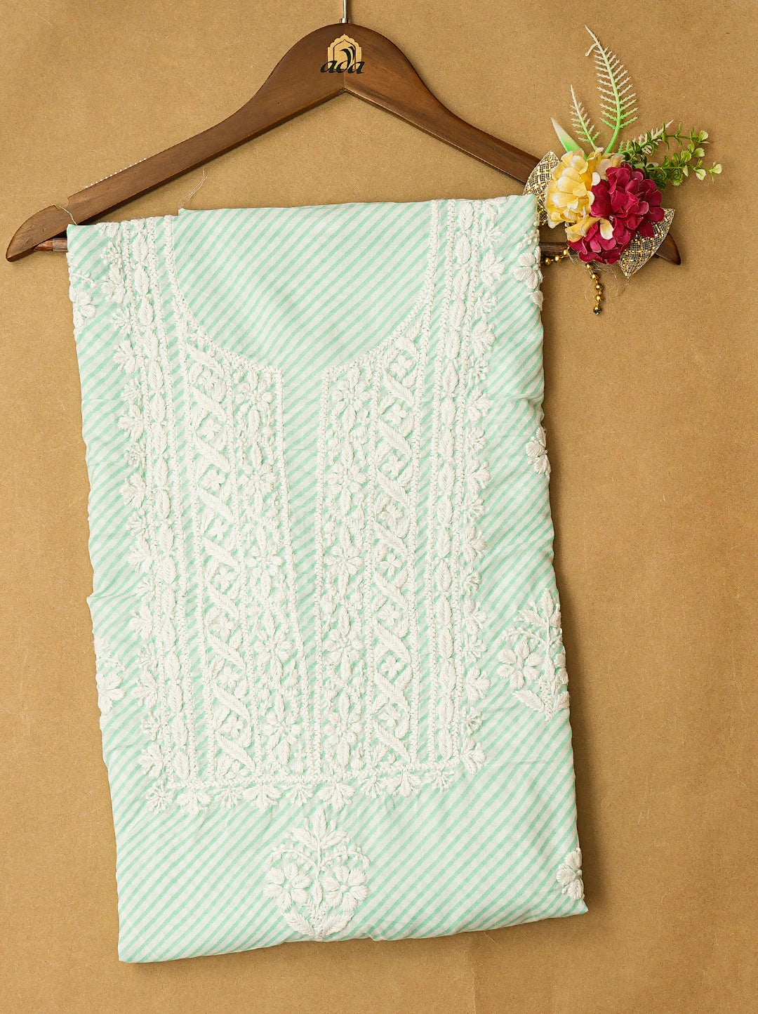 Ada Hand Embroidered Sea Green and White Lehariya Print Cotton Lucknowi Chikankari Unstitched Kurta Piece 01A799583