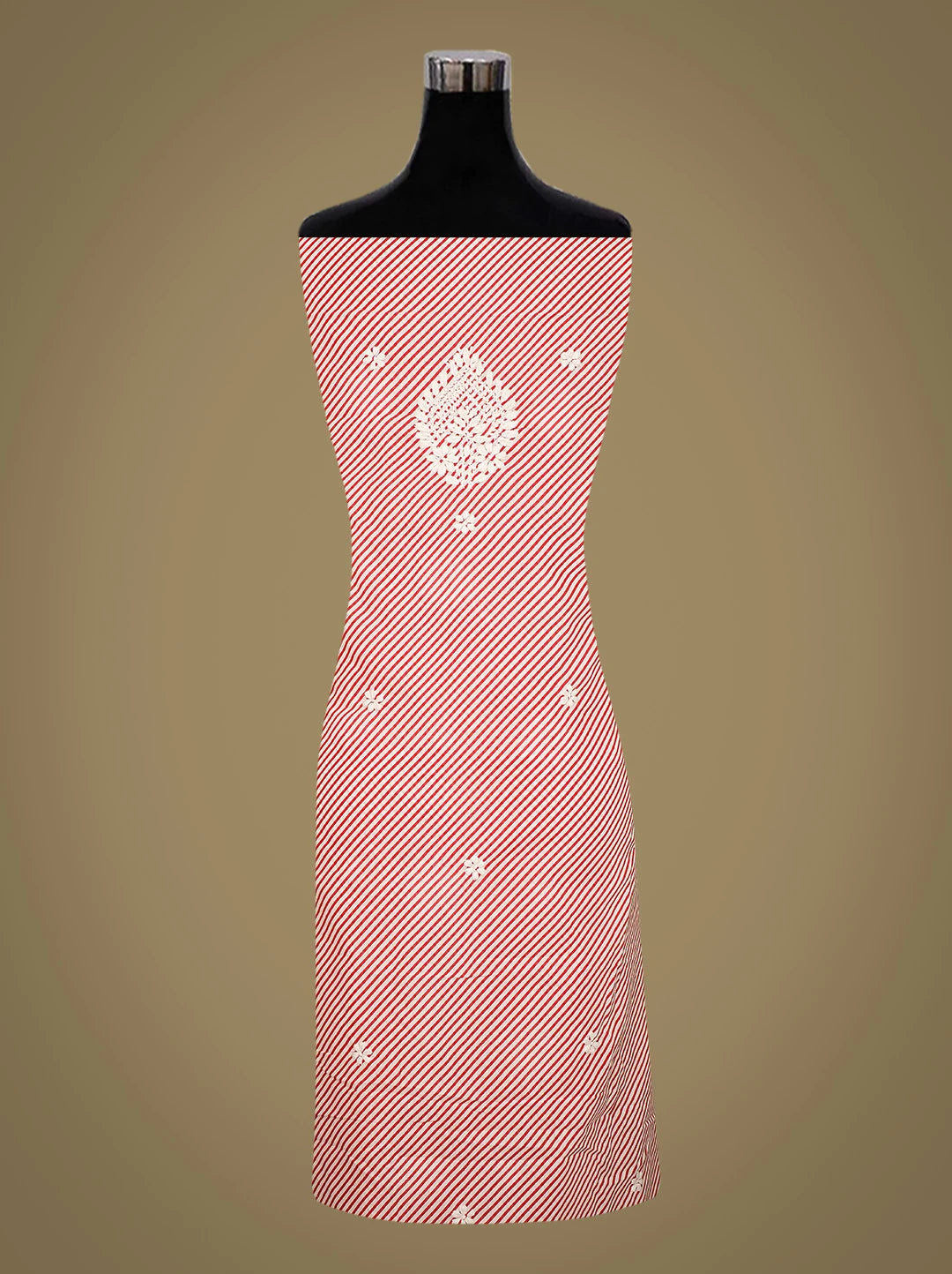 Ada Hand Embroidered Red and White Lehariya Print Cotton Lucknowi Chikankari Unstitched Kurta Piece 01A799358