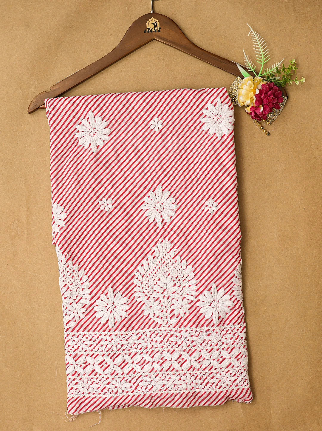 Ada Hand Embroidered Red and White Lehariya Print Cotton Lucknowi Chikankari Unstitched Kurta Piece 01A799358