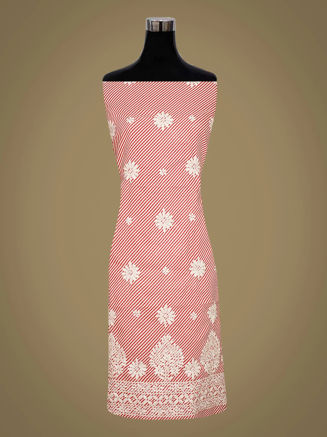 Ada Hand Embroidered Red and White Lehariya Print Cotton Lucknowi Chikankari Unstitched Kurta Piece 01A799358